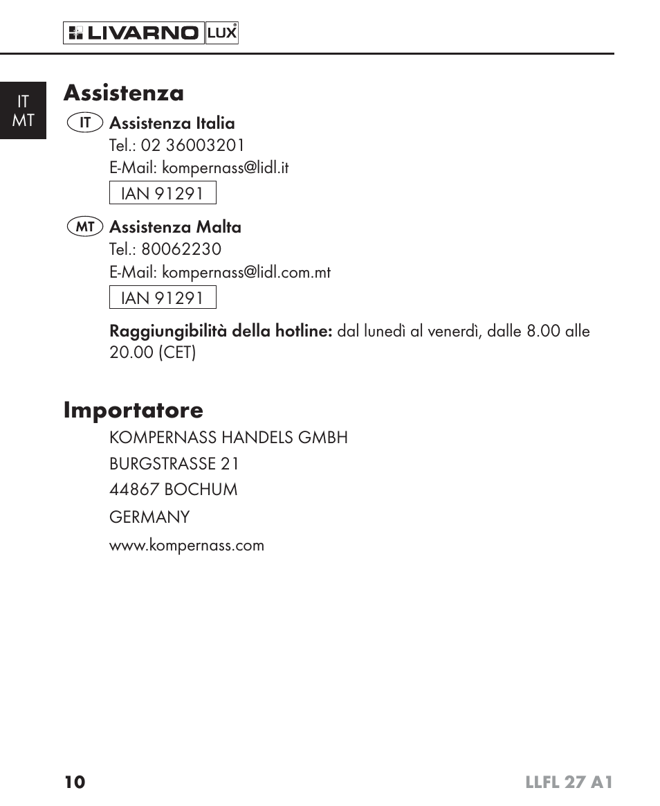 Assistenza, Importatore | Livarno LLFL 27 A1 User Manual | Page 13 / 34