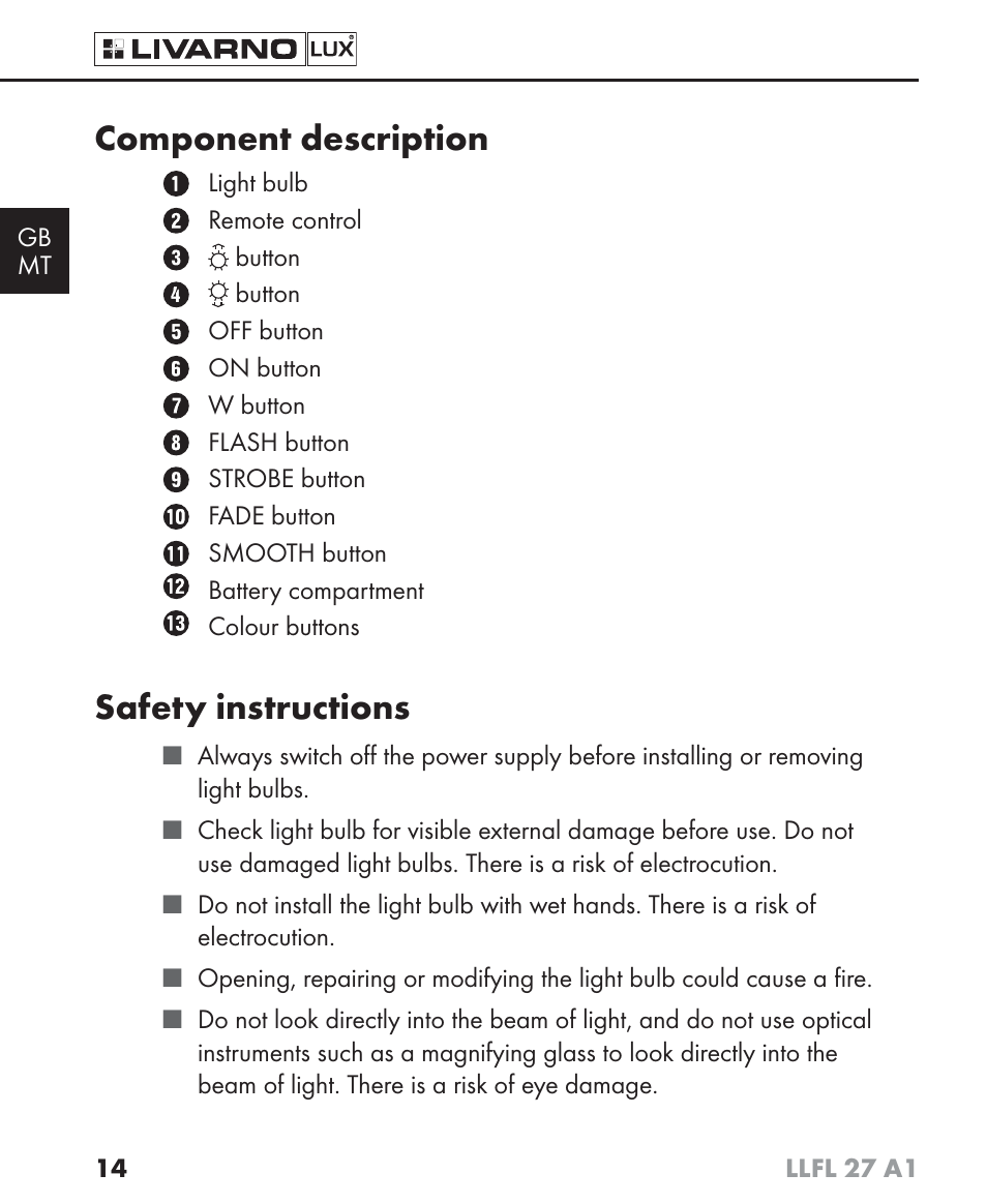 Component description, Safety instructions | Livarno LLFL 27 A1 User Manual | Page 17 / 34