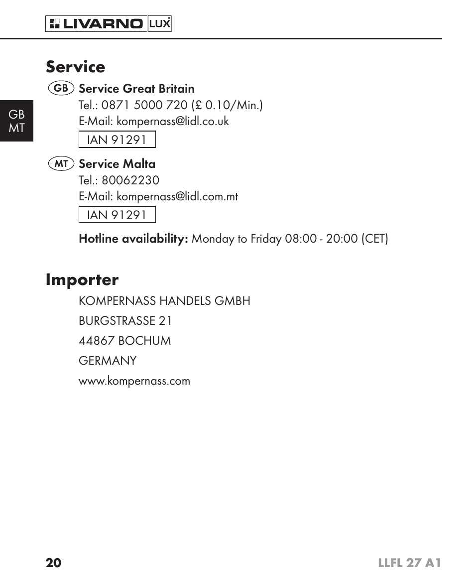 Service, Importer | Livarno LLFL 27 A1 User Manual | Page 23 / 34