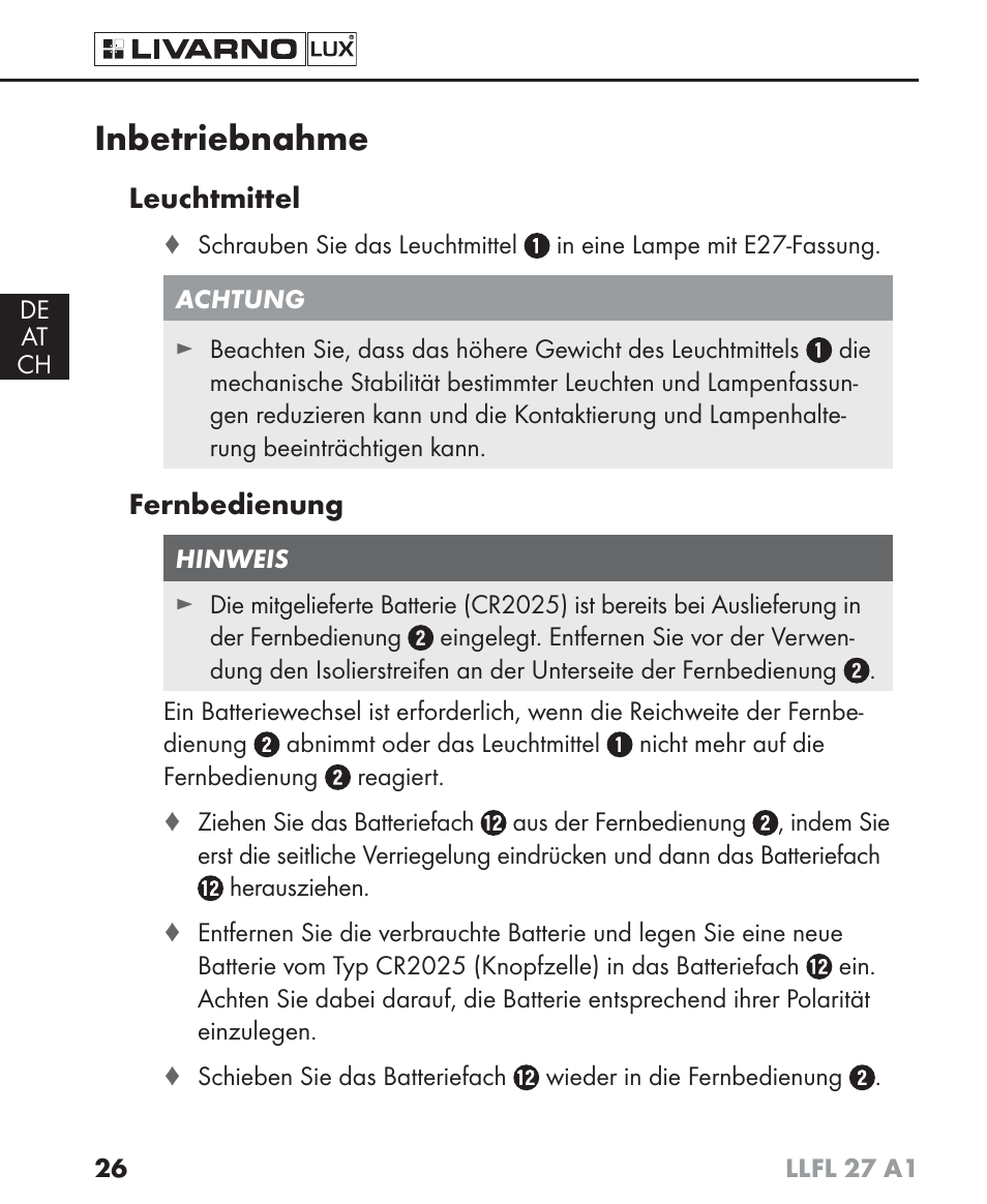 Inbetriebnahme | Livarno LLFL 27 A1 User Manual | Page 29 / 34