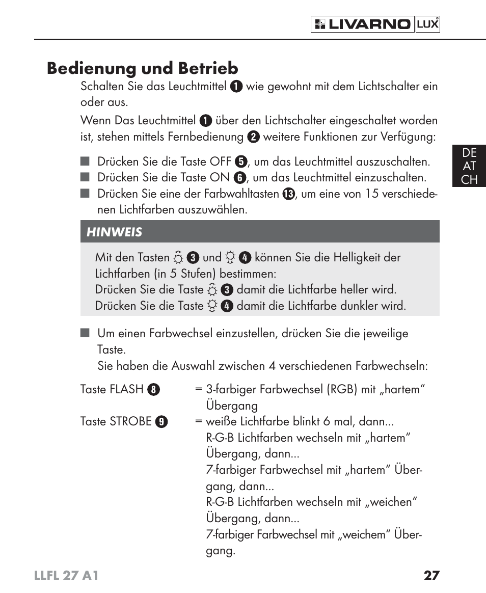 Bedienung und betrieb | Livarno LLFL 27 A1 User Manual | Page 30 / 34