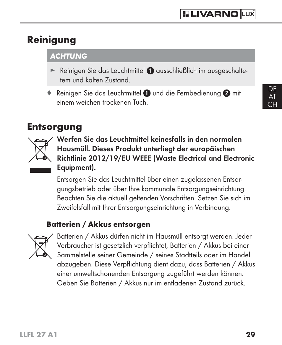 Reinigung, Entsorgung | Livarno LLFL 27 A1 User Manual | Page 32 / 34