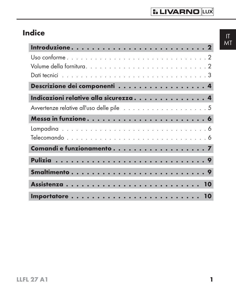 Indice | Livarno LLFL 27 A1 User Manual | Page 4 / 34