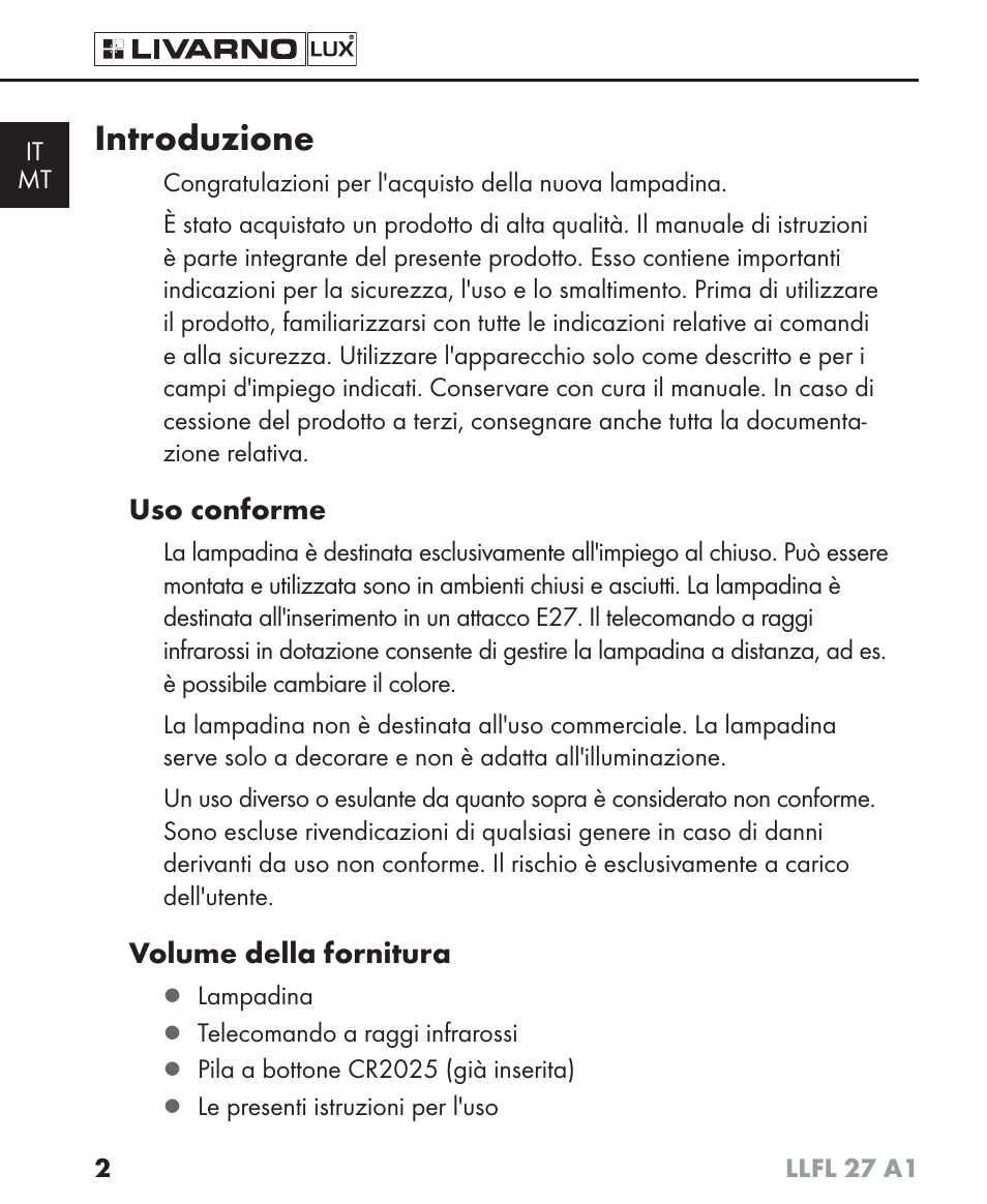 Introduzione | Livarno LLFL 27 A1 User Manual | Page 5 / 34