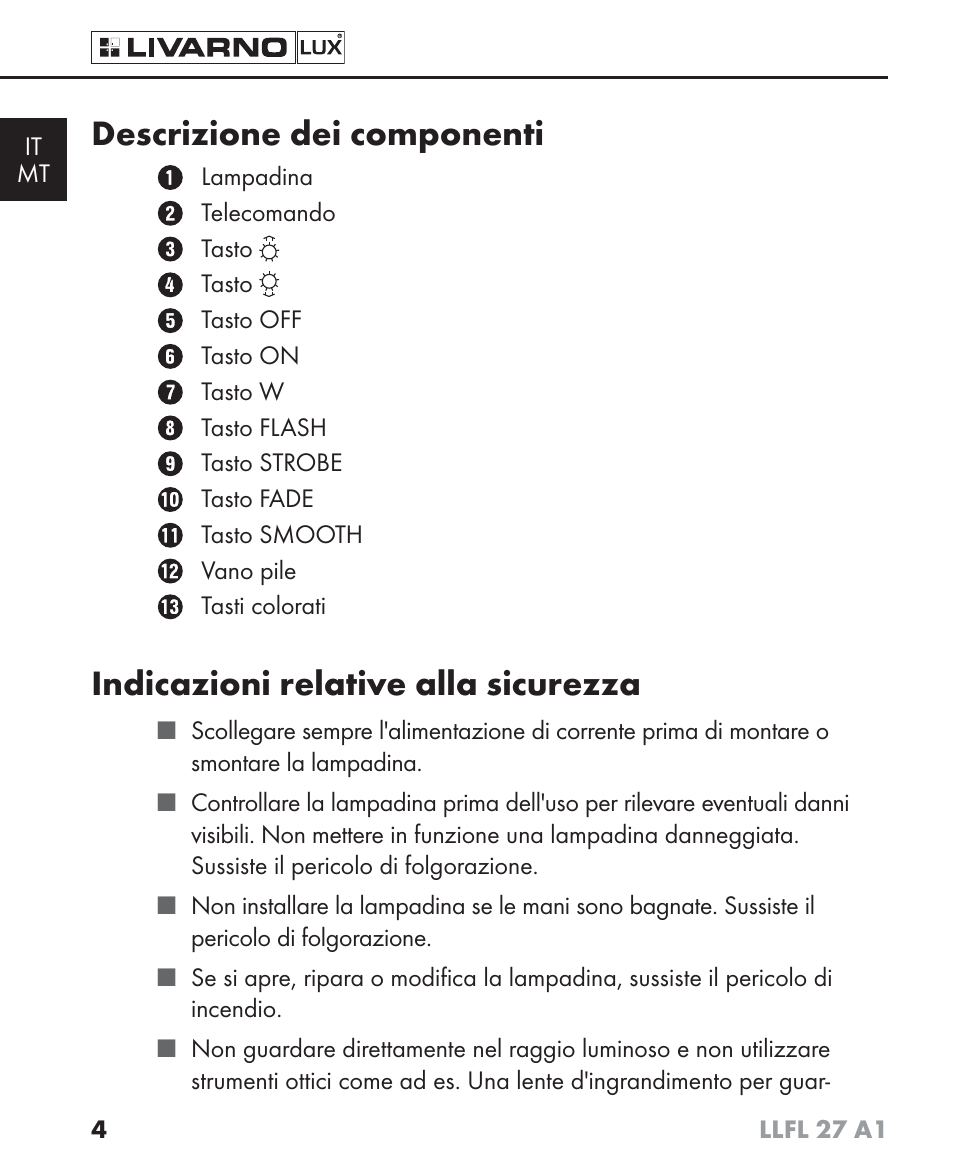 Descrizione dei componenti, Indicazioni relative alla sicurezza | Livarno LLFL 27 A1 User Manual | Page 7 / 34