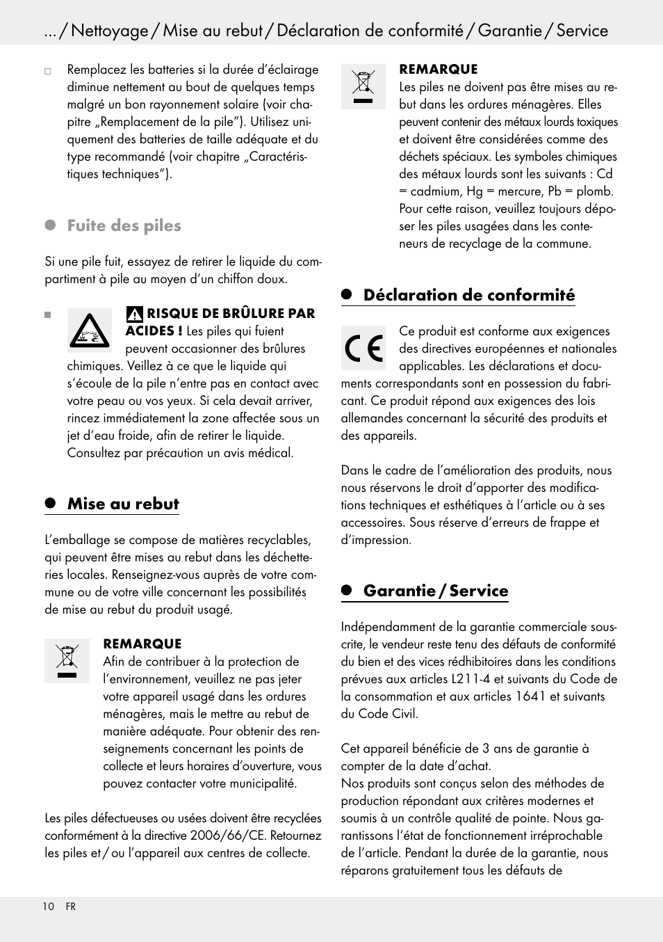 Fuite des piles, Mise au rebut, Déclaration de conformité | Garantie / service | Livarno 54313 User Manual | Page 10 / 29