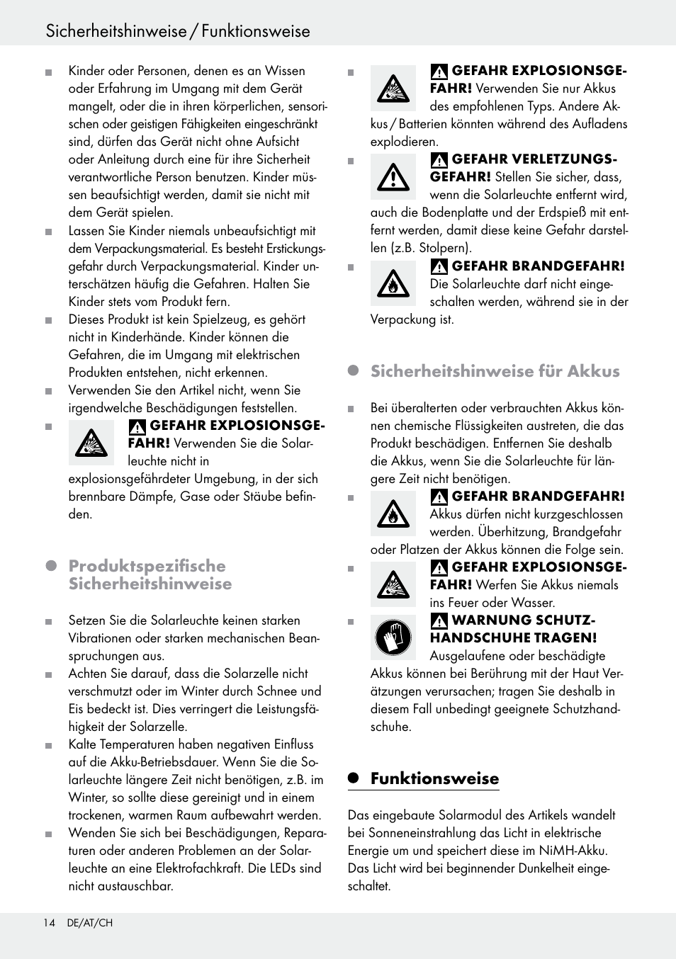 Funktionsweise / inbetriebnahme, Sicherheitshinweise / funktionsweise, Produktspezifische sicherheitshinweise | Sicherheitshinweise für akkus, Funktionsweise | Livarno 54313 User Manual | Page 14 / 29