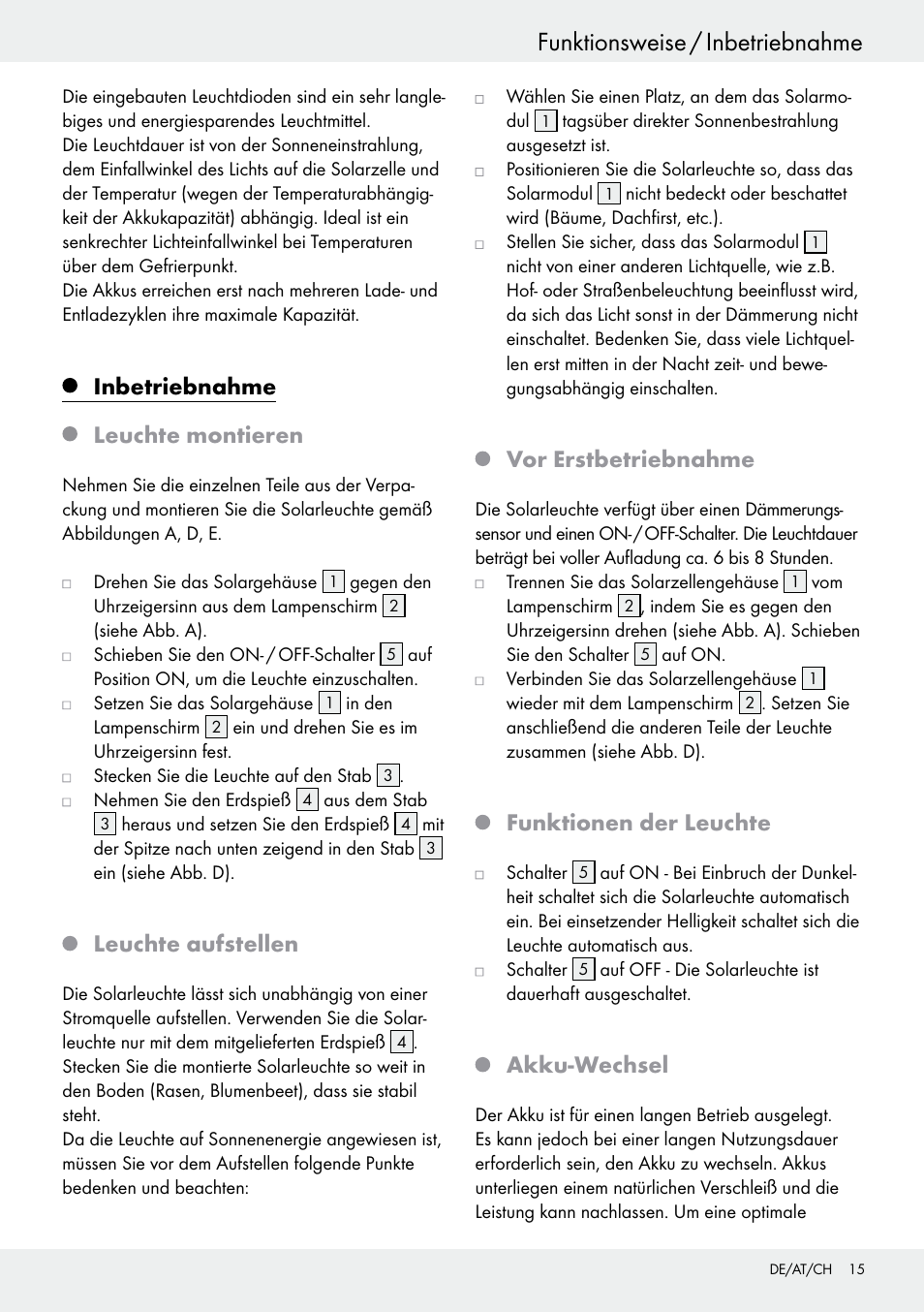 Funktionsweise / inbetriebnahme, Sicherheitshinweise / funktionsweise, Inbetriebnahme leuchte montieren | Leuchte aufstellen, Vor erstbetriebnahme, Funktionen der leuchte, Akku-wechsel | Livarno 54313 User Manual | Page 15 / 29