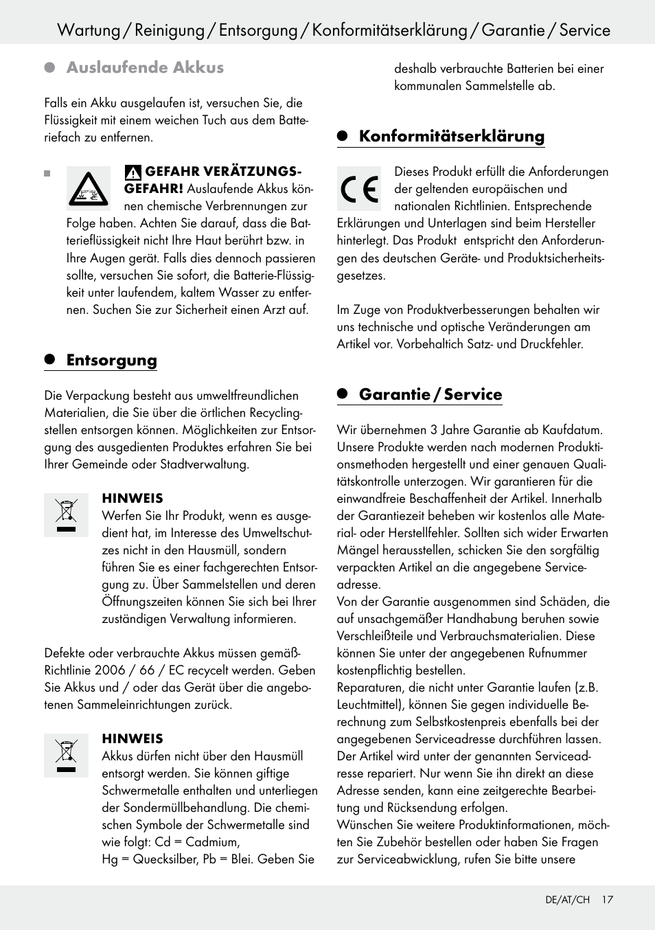 Auslaufende akkus, Entsorgung, Konformitätserklärung | Garantie / service | Livarno 54313 User Manual | Page 17 / 29