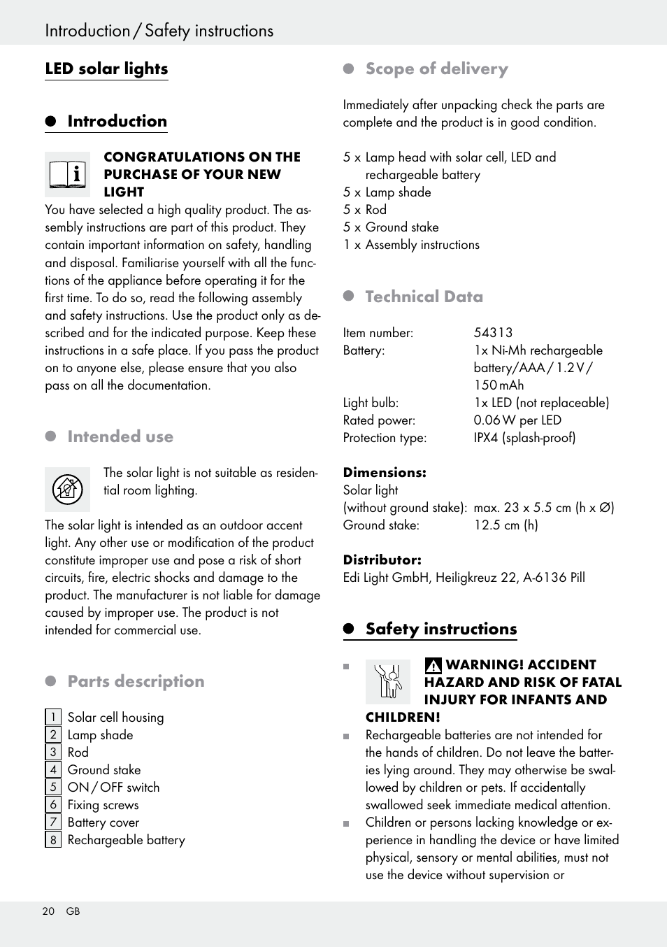 Led solar lights, Introduction, Intended use | Parts description, Scope of delivery, Technical data, Safety instructions | Livarno 54313 User Manual | Page 20 / 29