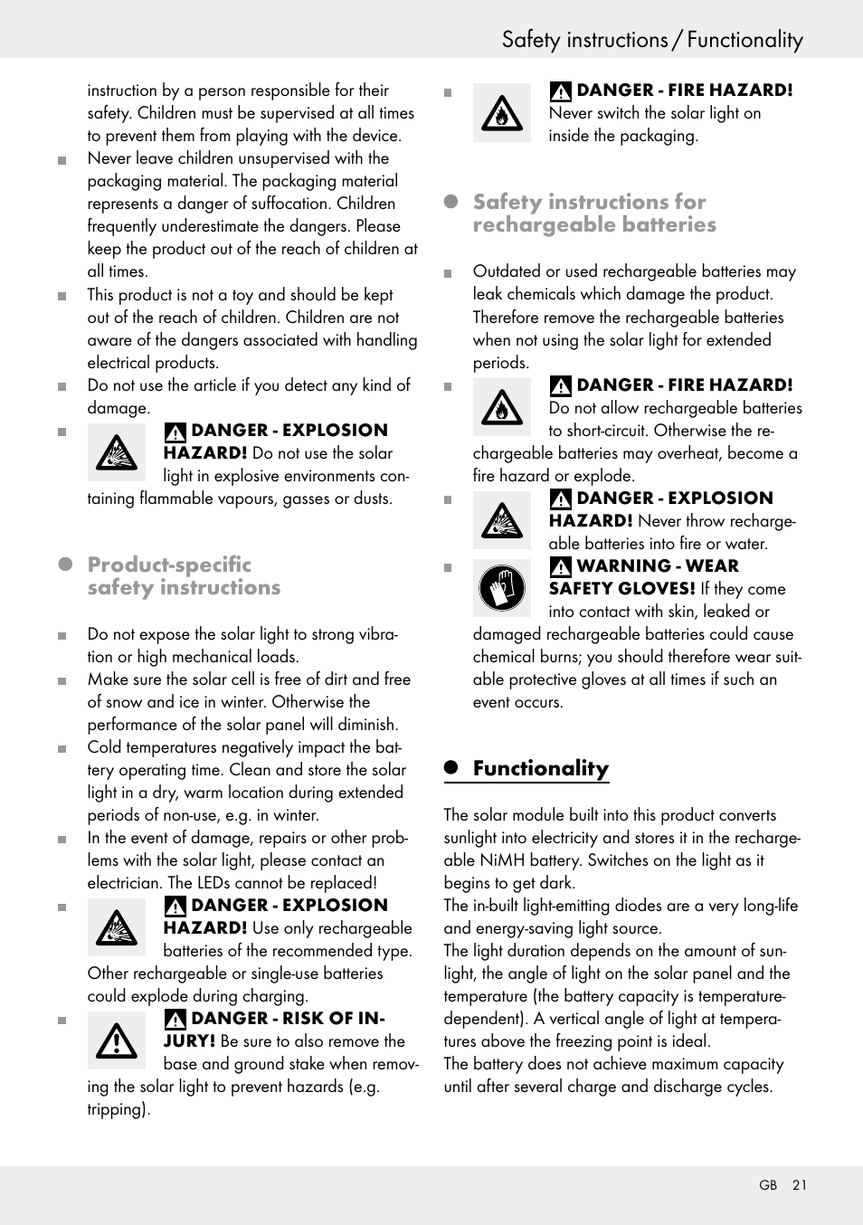 Safety instructions / functionality, Introduction / safety instructions, Product-specific safety instructions | Safety instructions for rechargeable batteries, Functionality | Livarno 54313 User Manual | Page 21 / 29