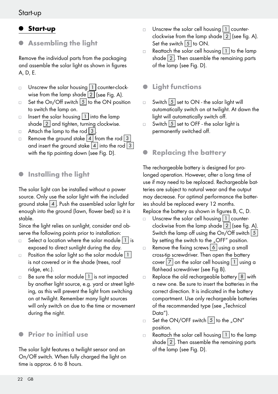 Start-up assembling the light, Installing the light, Prior to initial use | Light functions, Replacing the battery | Livarno 54313 User Manual | Page 22 / 29