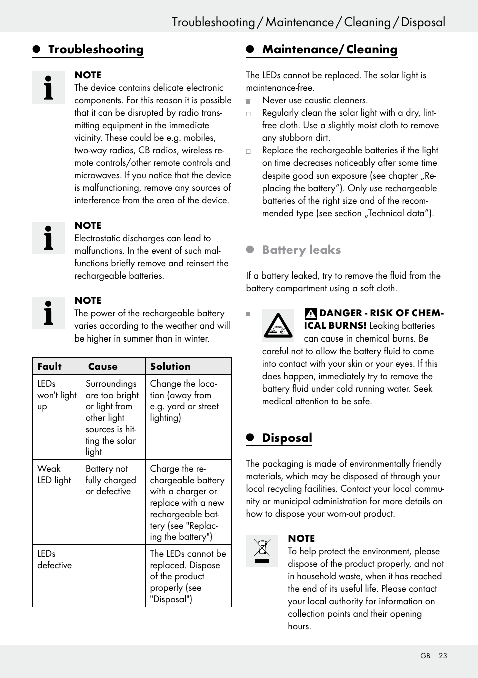 Start-up, Troubleshooting, Maintenance/ cleaning | Battery leaks, Disposal | Livarno 54313 User Manual | Page 23 / 29