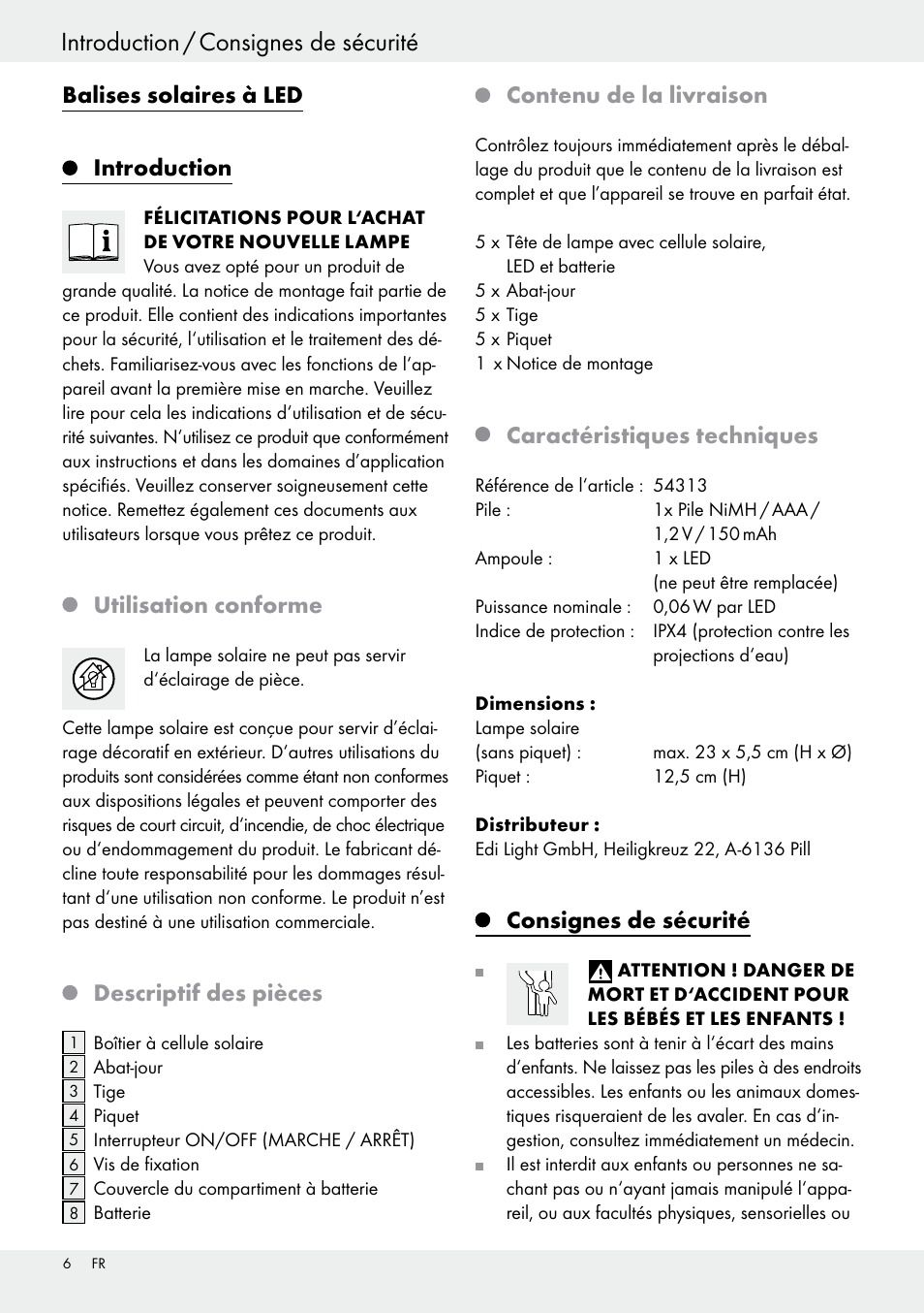 Balises solaires à led, Introduction, Utilisation conforme | Descriptif des pièces, Contenu de la livraison, Caractéristiques techniques, Consignes de sécurité | Livarno 54313 User Manual | Page 6 / 29