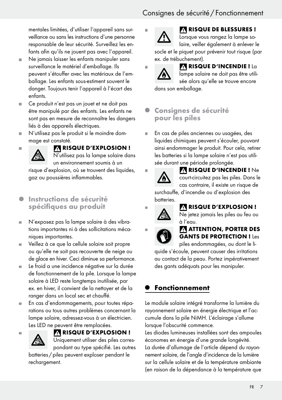 Instructions de sécurité spécifiques au produit, Consignes de sécurité pour les piles, Fonctionnement | Livarno 54313 User Manual | Page 7 / 29