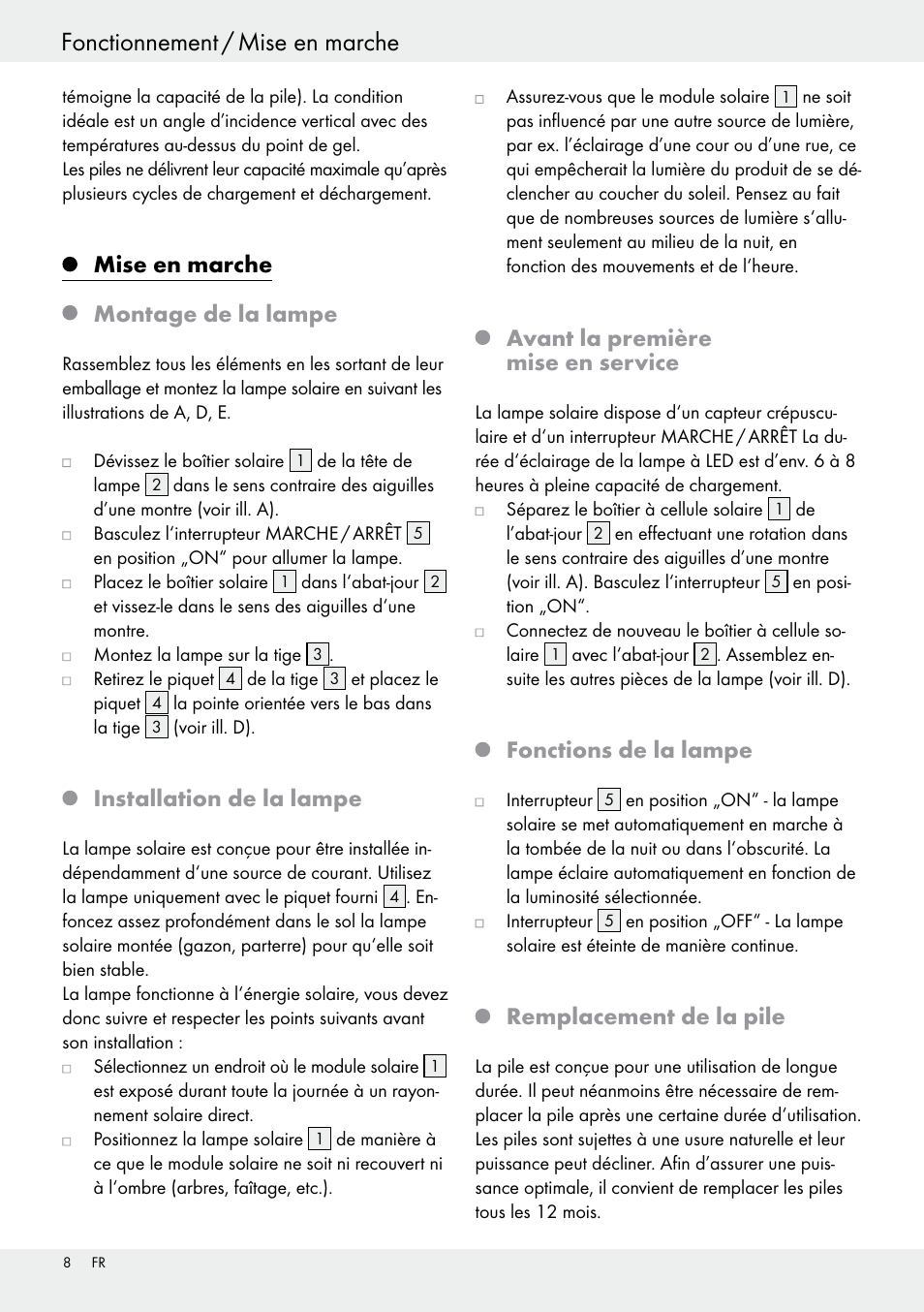 Mise en marche montage de la lampe, Installation de la lampe, Avant la première mise en service | Fonctions de la lampe, Remplacement de la pile | Livarno 54313 User Manual | Page 8 / 29