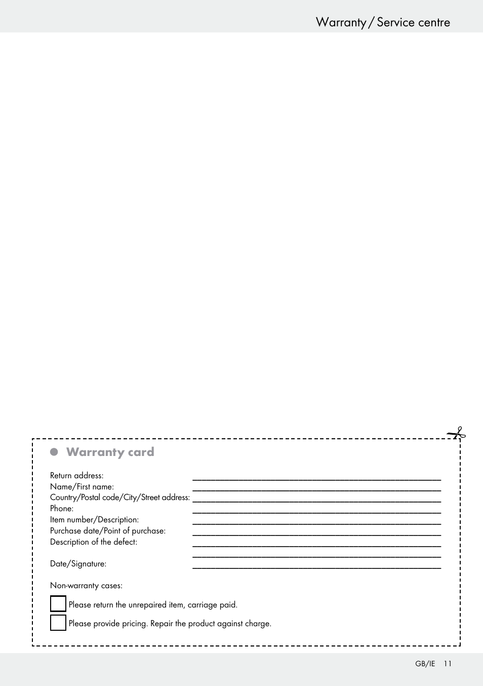 Warranty / service centre, Warranty card | Livarno 54317 User Manual | Page 11 / 53