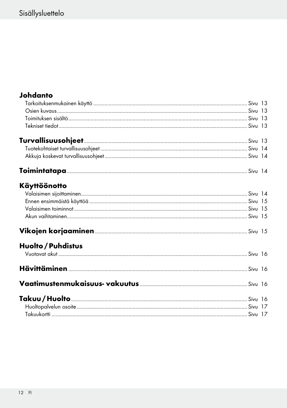 Johdanto / turvallisuusohjeet, Sisällysluettelo | Livarno 54317 User Manual | Page 12 / 53