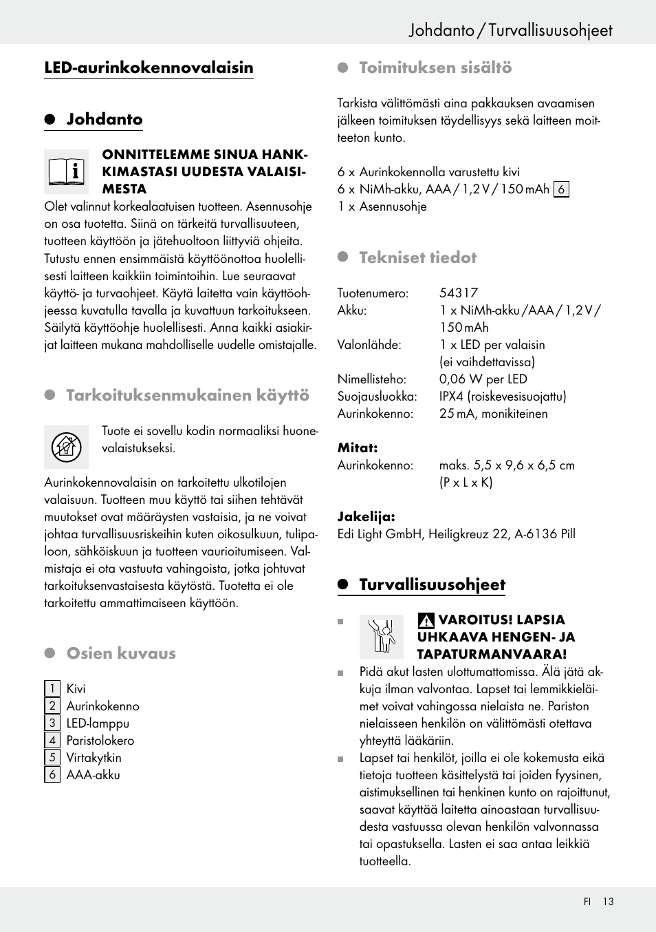 Johdanto / turvallisuusohjeet, Sisällysluettelo, Led-aurinkokennovalaisin | Johdanto, Tarkoituksenmukainen käyttö, Osien kuvaus, Toimituksen sisältö, Tekniset tiedot, Turvallisuusohjeet | Livarno 54317 User Manual | Page 13 / 53