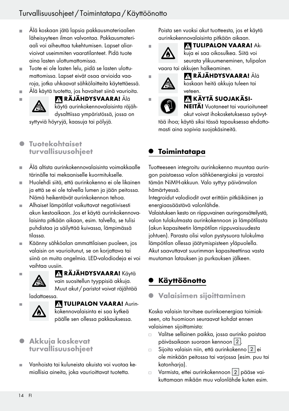 Tuotekohtaiset turvallisuusohjeet, Akkuja koskevat turvallisuusohjeet, Toimintatapa | Käyttöönotto valaisimen sijoittaminen | Livarno 54317 User Manual | Page 14 / 53