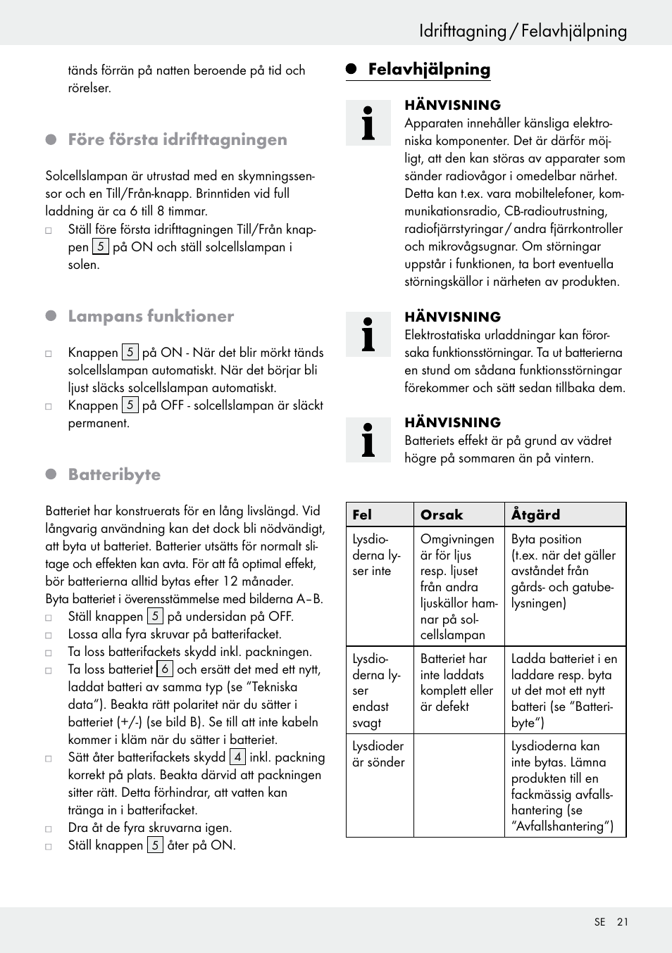 Före första idrifttagningen, Lampans funktioner, Batteribyte | Felavhjälpning | Livarno 54317 User Manual | Page 21 / 53