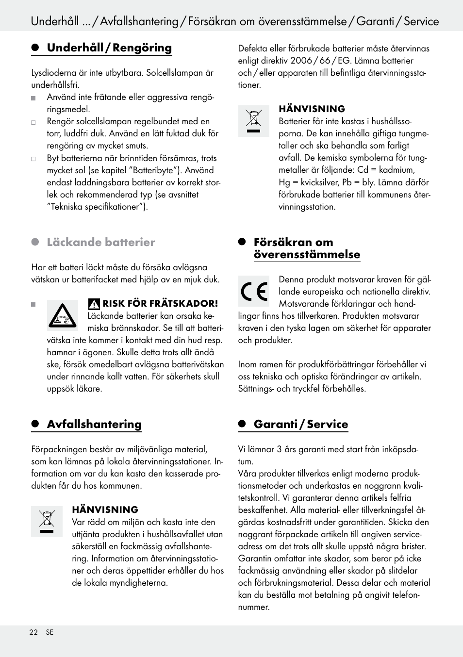 Underhåll / rengöring, Läckande batterier, Avfallshantering | Försäkran om överensstämmelse, Garanti / service | Livarno 54317 User Manual | Page 22 / 53