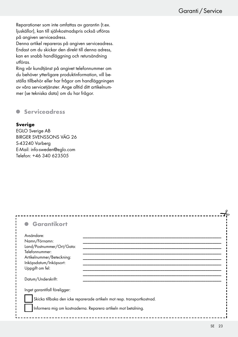 Serviceadress, Garantikort | Livarno 54317 User Manual | Page 23 / 53