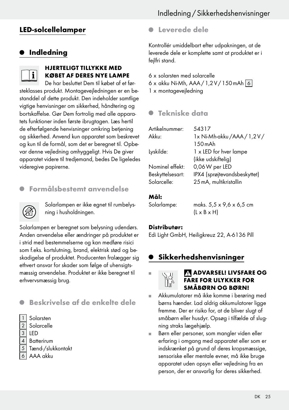 Indledning / sikkerhedshenvisninger, Indholdsfortegnelse, Led-solcellelamper | Indledning, Formålsbestemt anvendelse, Beskrivelse af de enkelte dele, Leverede dele, Tekniske data, Sikkerhedshenvisninger | Livarno 54317 User Manual | Page 25 / 53