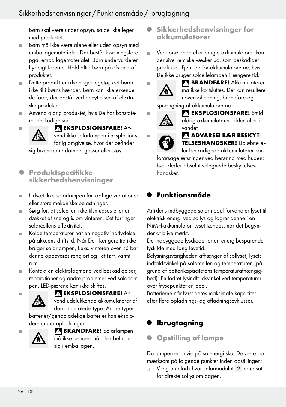 Produktspecifikke sikkerhedshenvisninger, Sikkerhedshenvisninger for akkumulatorer, Funktionsmåde | Ibrugtagning opstilling af lampe | Livarno 54317 User Manual | Page 26 / 53