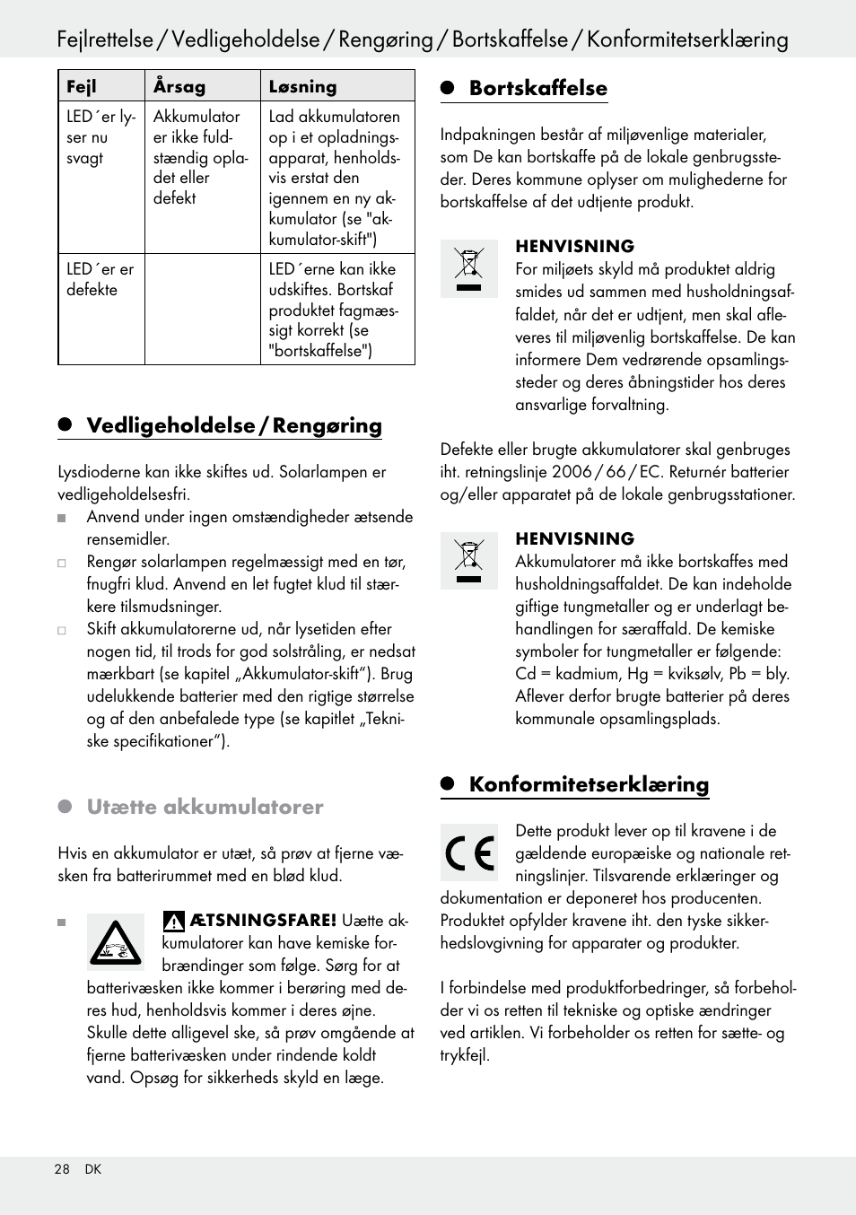 Vedligeholdelse / rengøring, Utætte akkumulatorer, Bortskaffelse | Konformitetserklæring | Livarno 54317 User Manual | Page 28 / 53