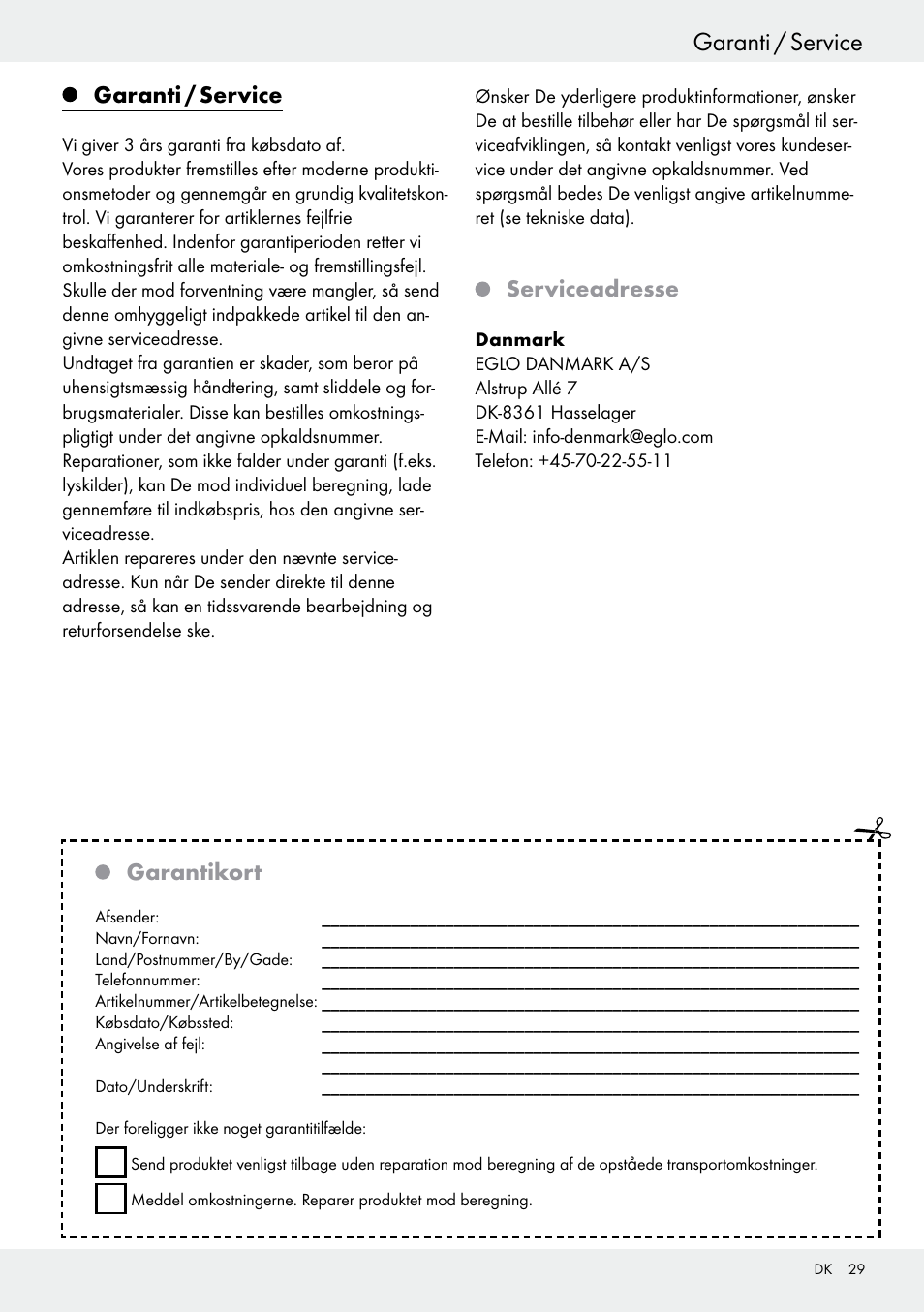 Garanti / service, Serviceadresse, Garantikort | Livarno 54317 User Manual | Page 29 / 53