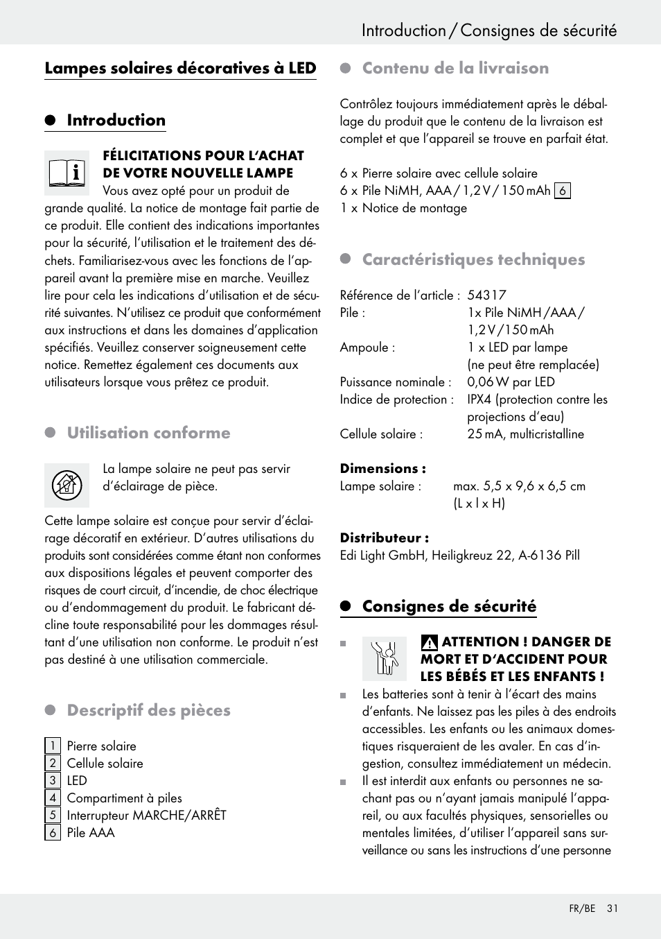 Lampes solaires décoratives à led, Introduction, Utilisation conforme | Descriptif des pièces, Contenu de la livraison, Caractéristiques techniques, Consignes de sécurité | Livarno 54317 User Manual | Page 31 / 53