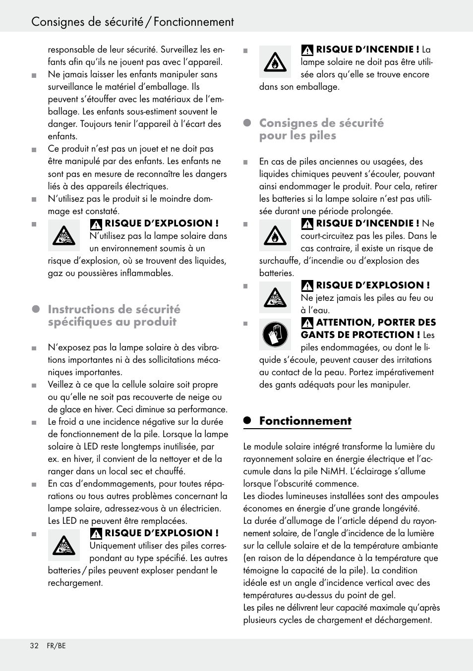Consignes de sécurité / fonctionnement, Mise en marche / dépannage, Instructions de sécurité spécifiques au produit | Consignes de sécurité pour les piles, Fonctionnement | Livarno 54317 User Manual | Page 32 / 53
