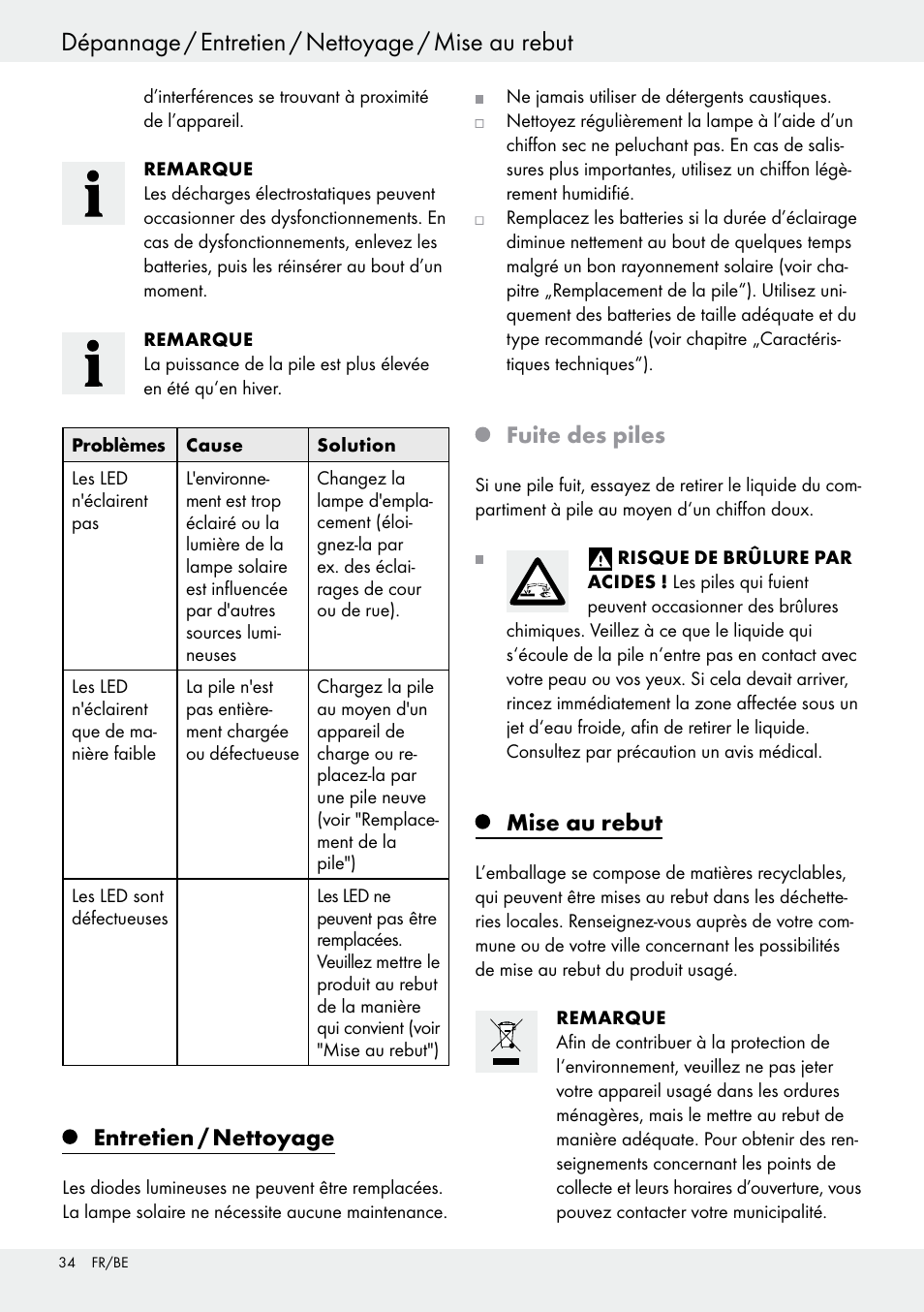 Dépannage / entretien / nettoyage / mise au rebut, Entretien / nettoyage, Fuite des piles | Mise au rebut | Livarno 54317 User Manual | Page 34 / 53