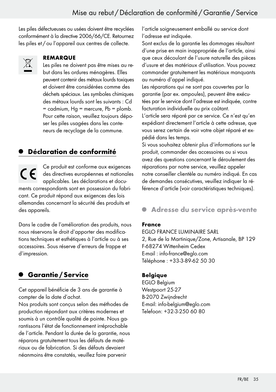 Déclaration de conformité, Garantie / service, Adresse du service après-vente | Livarno 54317 User Manual | Page 35 / 53