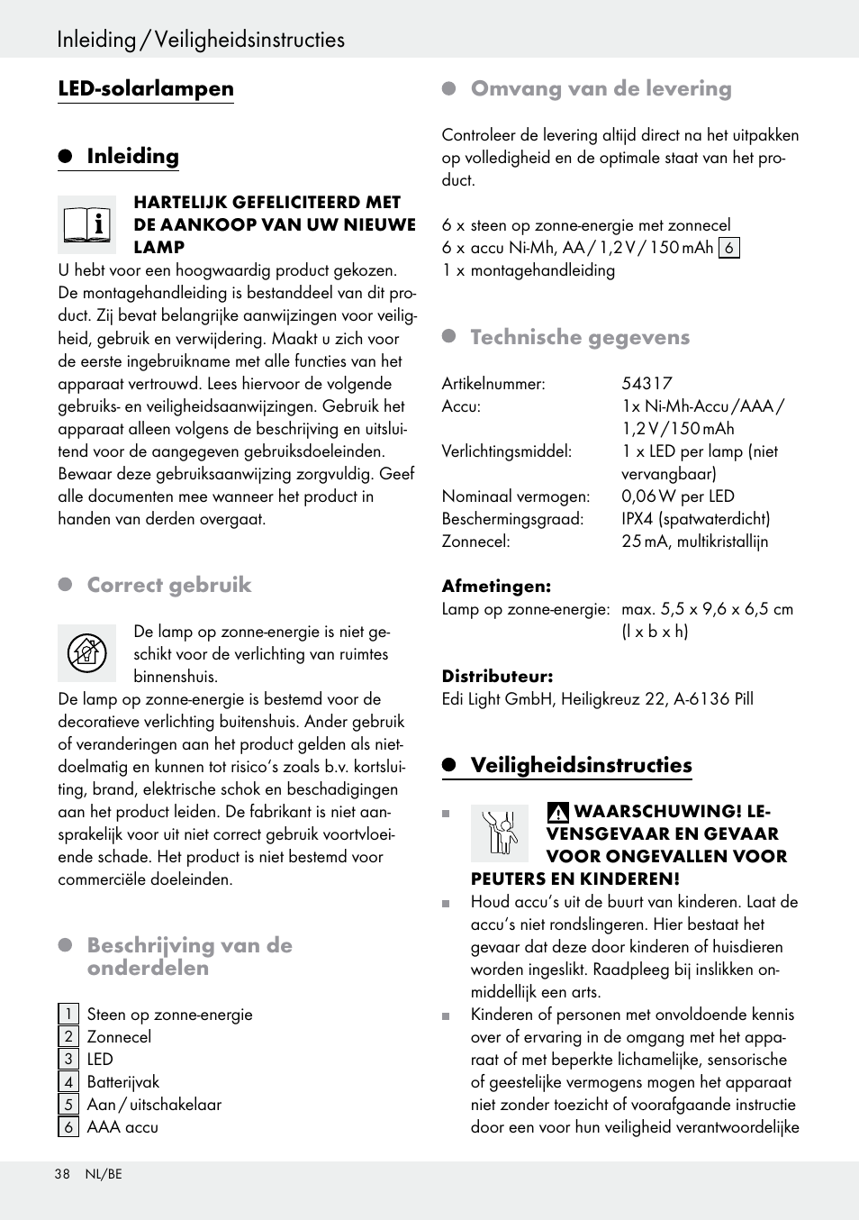 Inleiding / veiligheidsinstructies, Veiligheidsinstructies / werkwijze, Led-solarlampen | Inleiding, Correct gebruik, Beschrijving van de onderdelen, Omvang van de levering, Technische gegevens, Veiligheidsinstructies | Livarno 54317 User Manual | Page 38 / 53