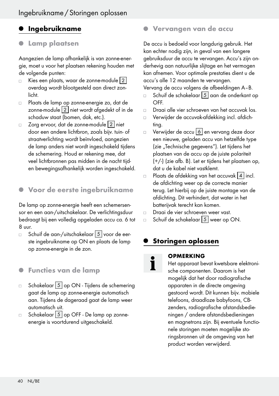 Ingebruikname / storingen oplossen, Ingebruikname lamp plaatsen, Voor de eerste ingebruikname | Functies van de lamp, Vervangen van de accu, Storingen oplossen | Livarno 54317 User Manual | Page 40 / 53