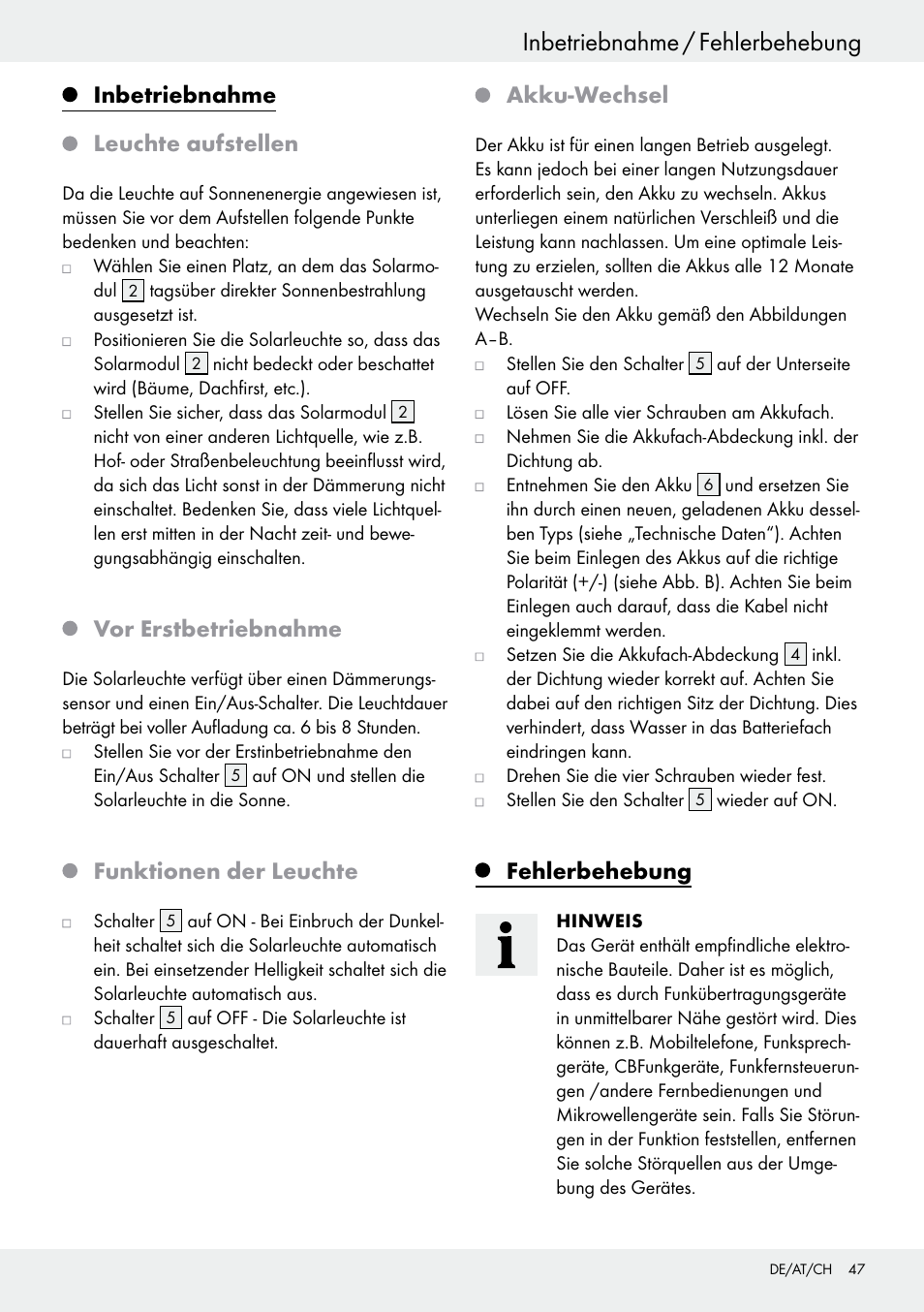 Inbetriebnahme leuchte aufstellen, Vor erstbetriebnahme, Funktionen der leuchte | Akku-wechsel, Fehlerbehebung | Livarno 54317 User Manual | Page 47 / 53