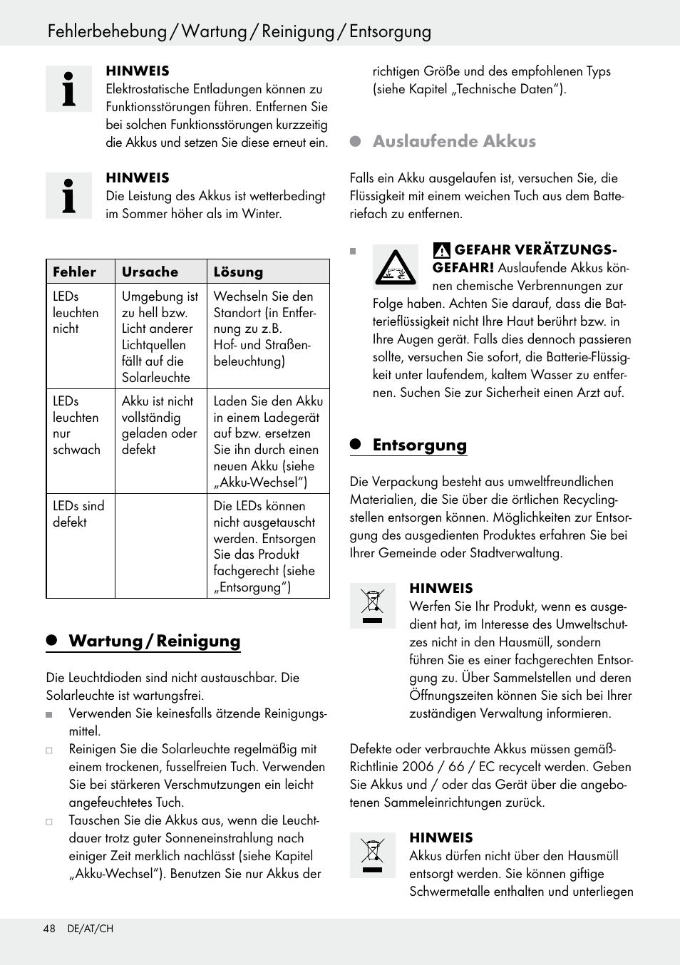 Fehlerbehebung / wartung / reinigung / entsorgung, Wartung / reinigung, Auslaufende akkus | Entsorgung | Livarno 54317 User Manual | Page 48 / 53