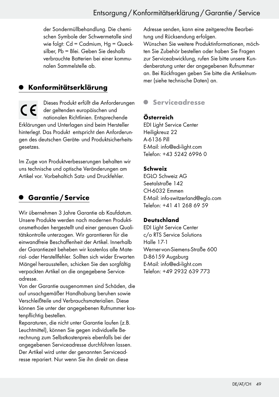 Konformitätserklärung, Garantie / service, Serviceadresse | Livarno 54317 User Manual | Page 49 / 53