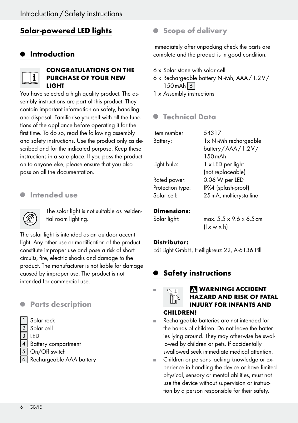 Solar-powered led lights, Introduction, Intended use | Parts description, Scope of delivery, Technical data, Safety instructions | Livarno 54317 User Manual | Page 6 / 53
