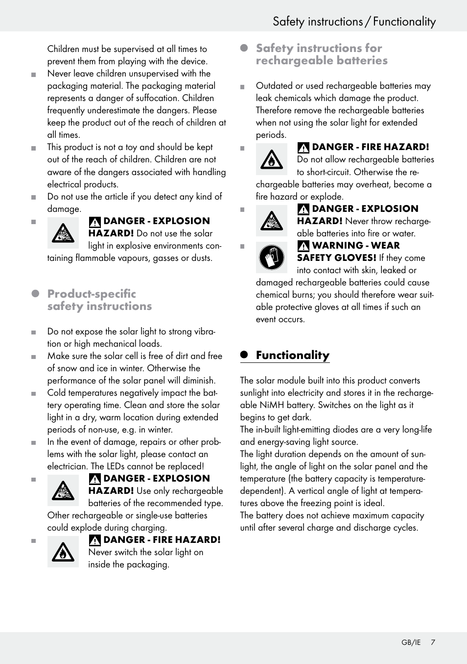 Safety instructions / functionality, Introduction / safety instructions, Product-specific safety instructions | Safety instructions for rechargeable batteries, Functionality | Livarno 54317 User Manual | Page 7 / 53