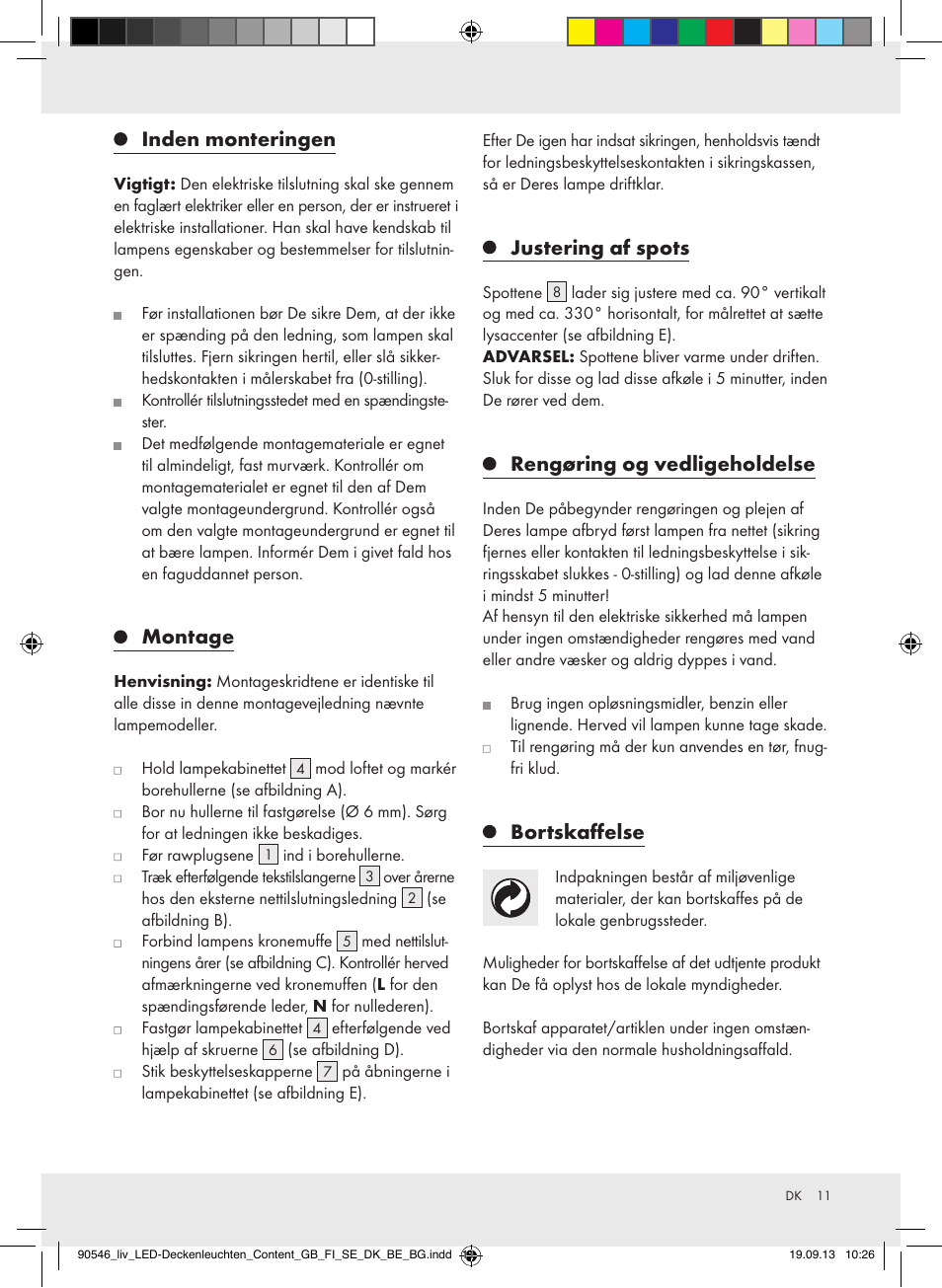 Inden monteringen, Montage, Justering af spots | Rengøring og vedligeholdelse, Bortskaffelse | Livarno Z31708A/Z31708B/ Z31708C/Z31708D User Manual | Page 11 / 27