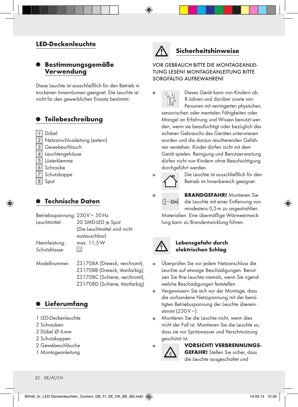 Led-deckenleuchte, Bestimmungsgemäße verwendung, Teilebeschreibung | Technische daten, Lieferumfang, Sicherheitshinweise | Livarno Z31708A/Z31708B/ Z31708C/Z31708D User Manual | Page 22 / 27