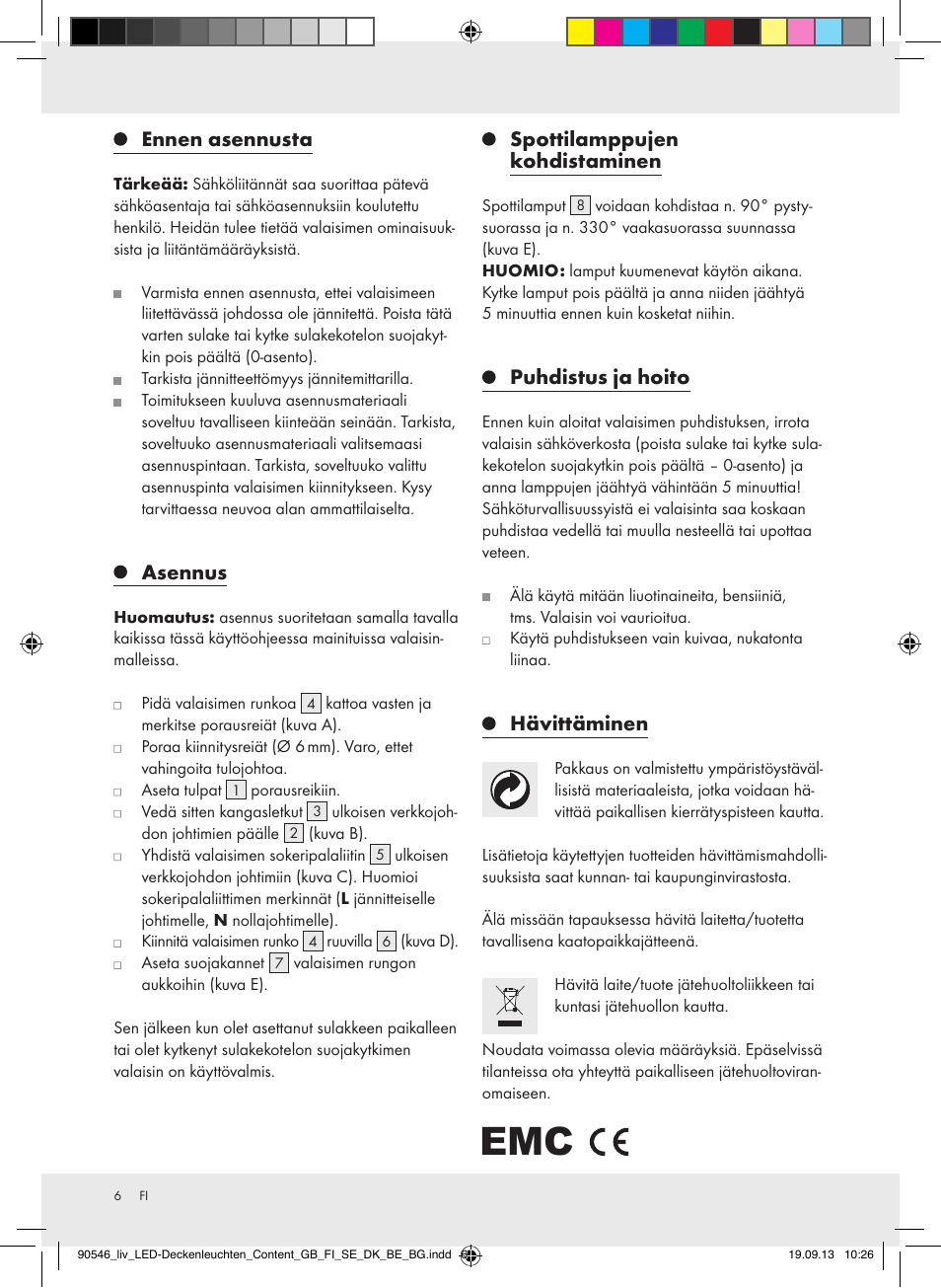 Ennen asennusta, Asennus, Spottilamppujen kohdistaminen | Puhdistus ja hoito, Hävittäminen | Livarno Z31708A/Z31708B/ Z31708C/Z31708D User Manual | Page 6 / 27