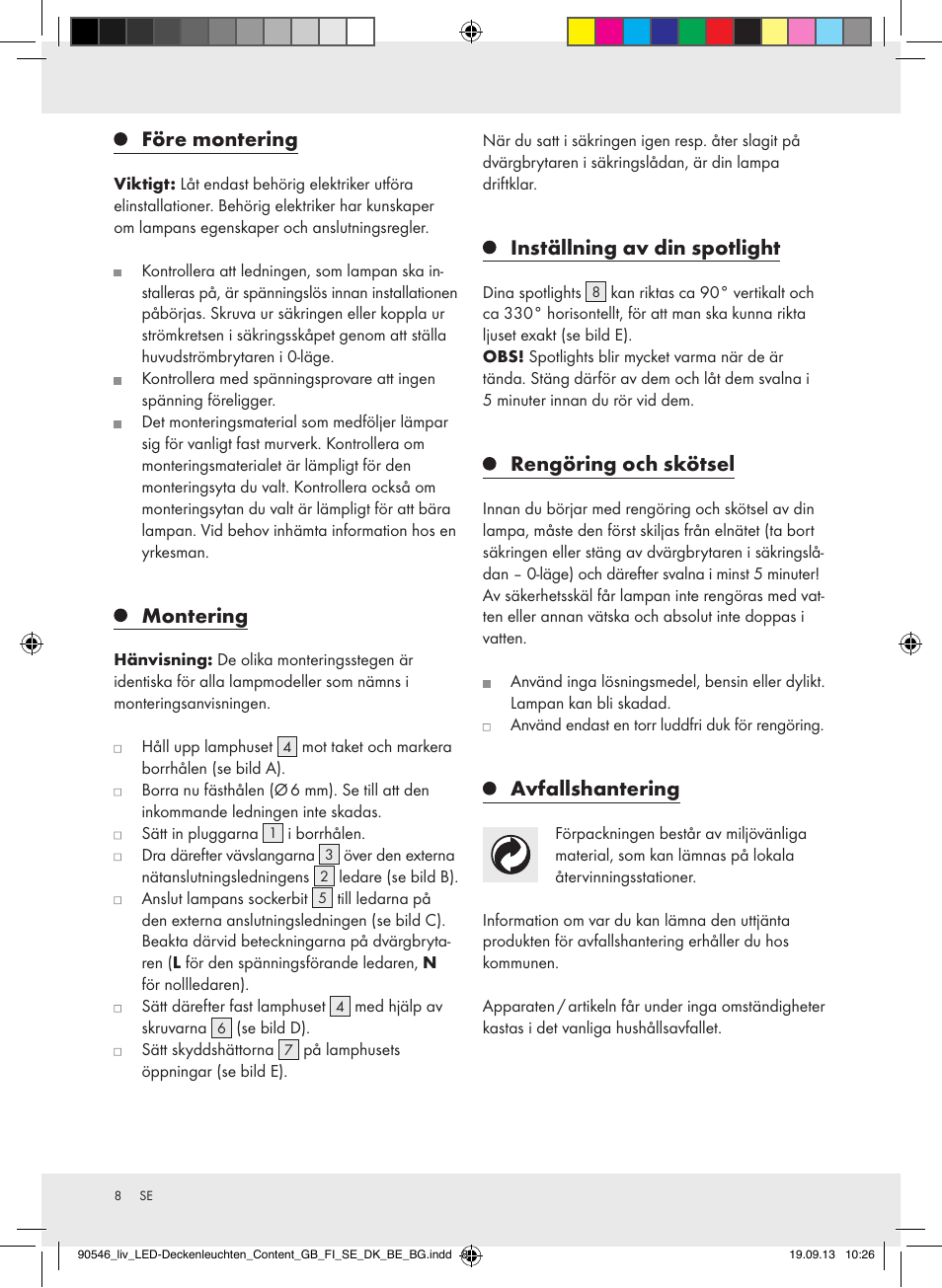 Före montering, Montering, Inställning av din spotlight | Rengöring och skötsel, Avfallshantering | Livarno Z31708A/Z31708B/ Z31708C/Z31708D User Manual | Page 8 / 27