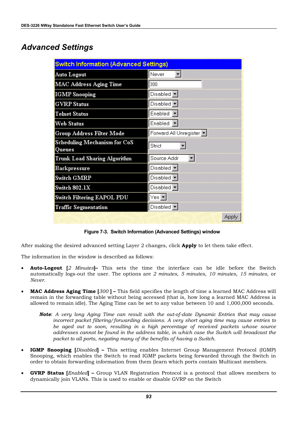 Advanced settings | D-Link DES-3226 User Manual | Page 103 / 179