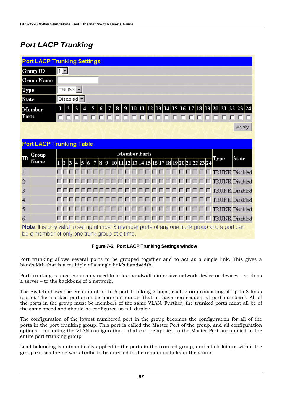 Port lacp trunking | D-Link DES-3226 User Manual | Page 107 / 179