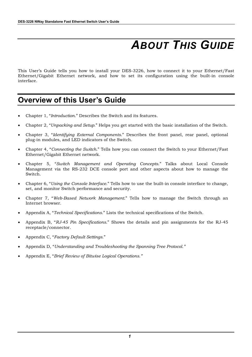 About this guide, Overview of this user’s guide, Bout | Uide | D-Link DES-3226 User Manual | Page 11 / 179