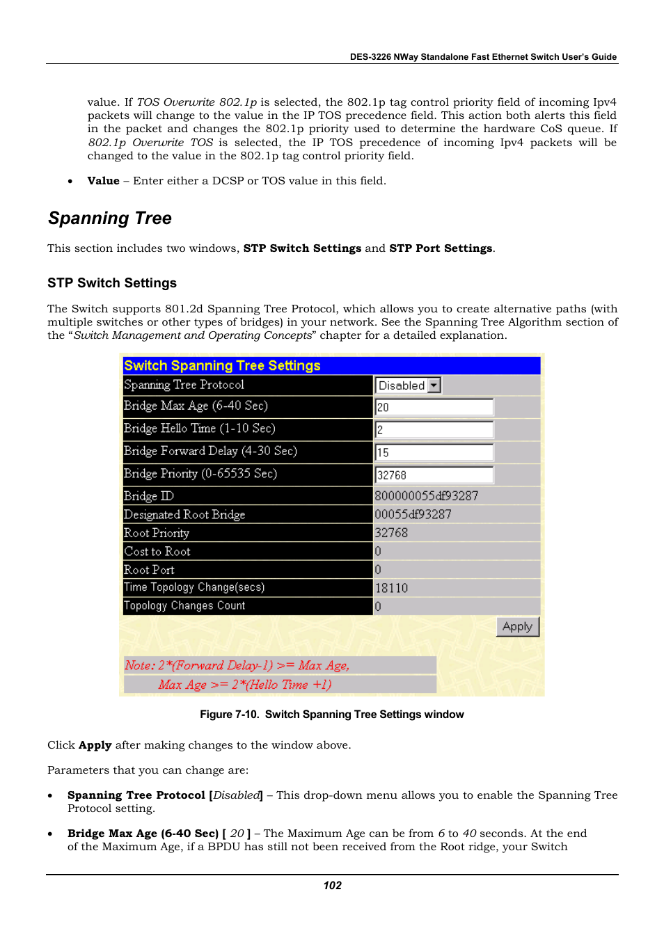 Spanning tree, Stp switch settings | D-Link DES-3226 User Manual | Page 112 / 179